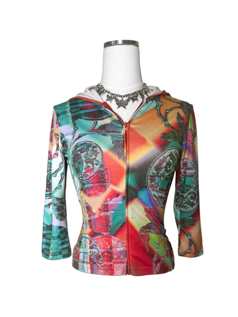 Y2K Jane Doe Graphic Multicolor 3/4th Sleeve Zip-Up Too w/ Hood Size Medium